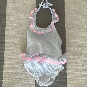 Cecil and Lou blue & white stripe w/ pink ruffle swimsuit